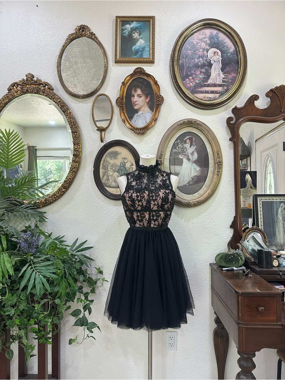 Sherri Hill Black Lace Illusion High-Neck Midi Dress